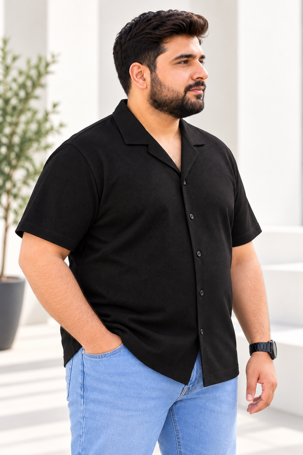 Black Pique Resort Collar Shirt (Plus Size) - S26 - MSH315P