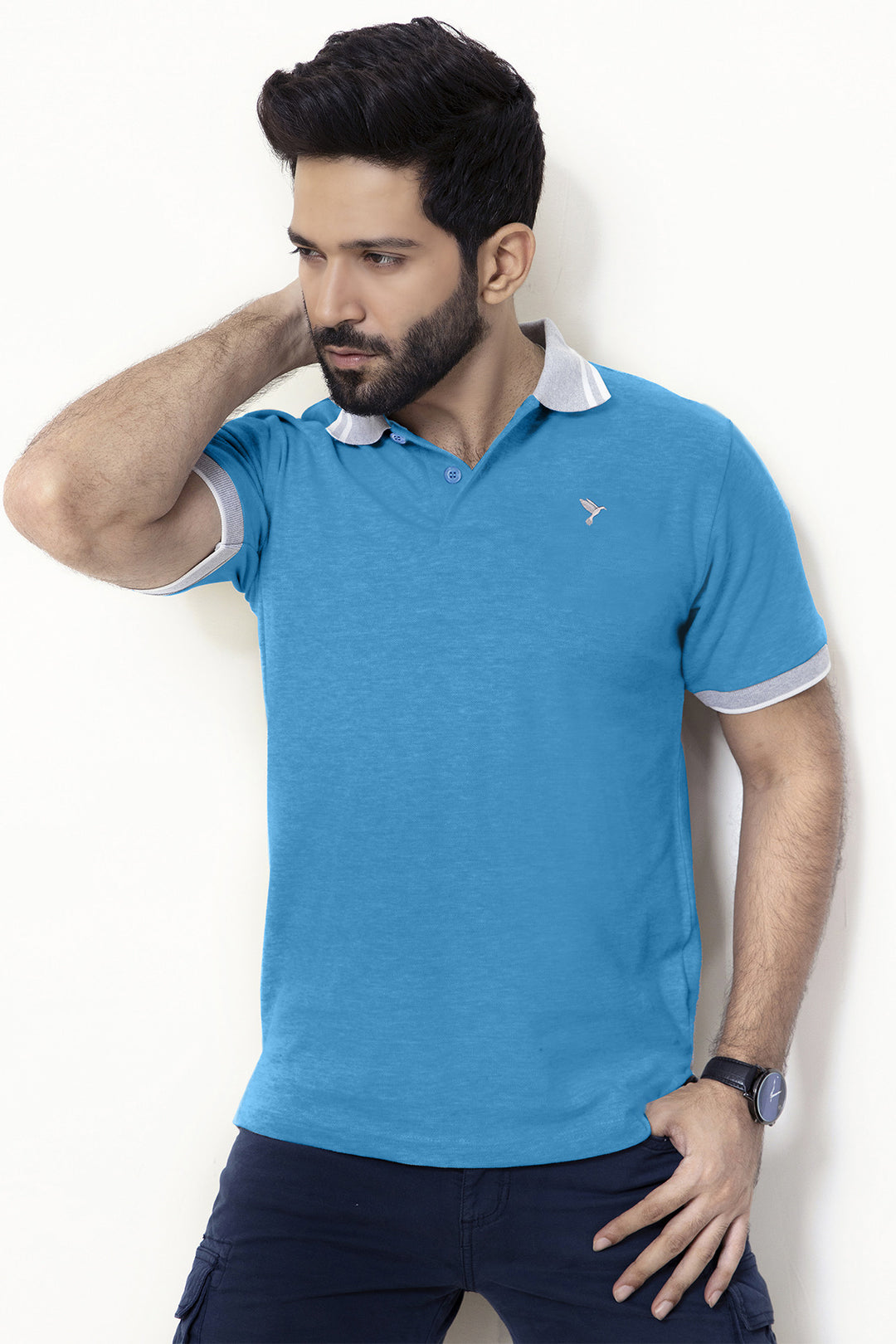 Saxony Blue Contrast Embroidered Polo Shirt - A23 - MP0204R