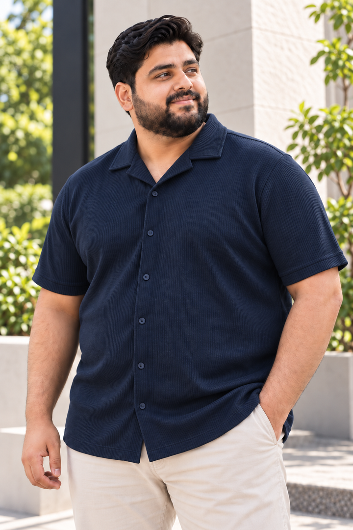 Navy Blue Ribbed Textured Resort Shirt (Plus Size) - S26 - MSH312P