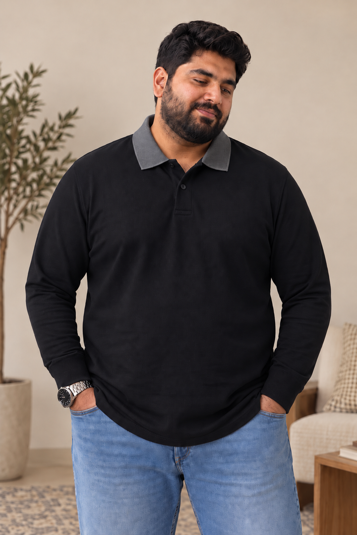 Black & Grey Contrast Collar Full Sleeves Polo Shirt (Plus Size) - S26 - MP0761P