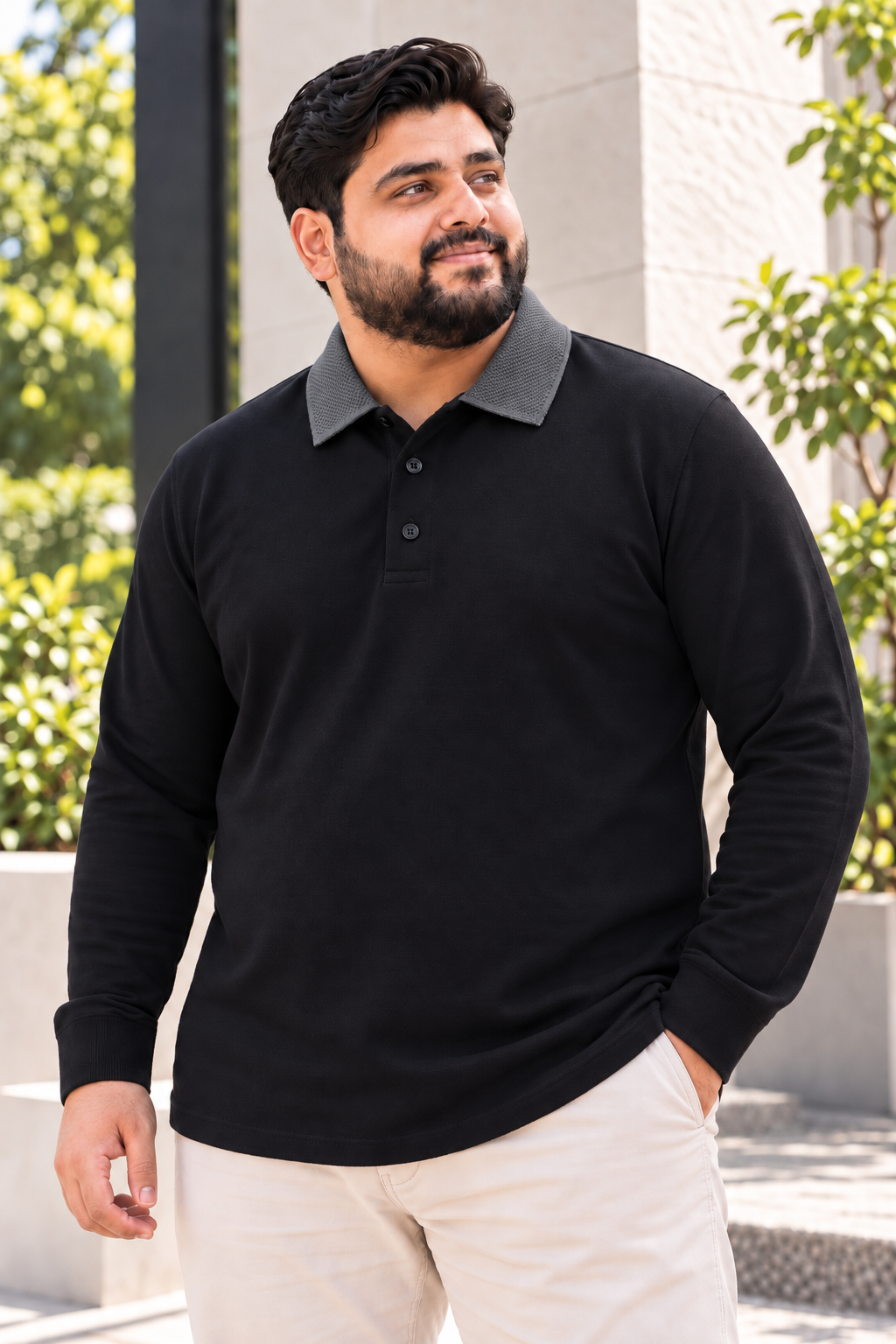 Black & Grey Contrast Collar Full Sleeves Polo Shirt (Plus Size) - S26 - MP0761P