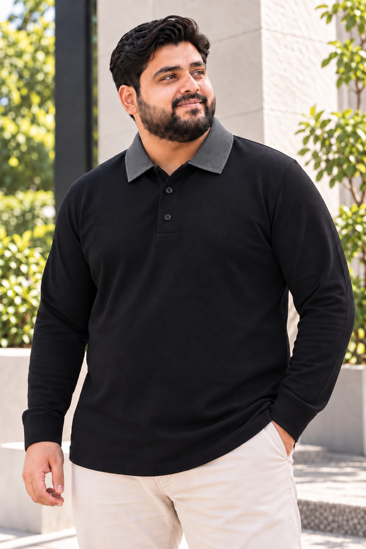 Black & Grey Contrast Collar Full Sleeves Polo Shirt (Plus Size) - S26 - MP0761P
