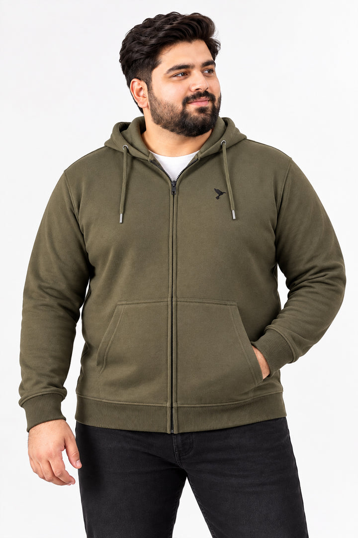 Army Green Embroidered Zipper Hoodie (Plus Size) - S24 - MH0094P