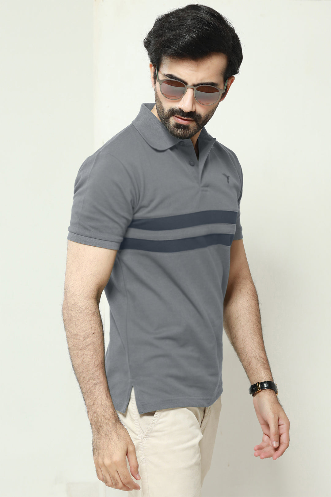 Grey Contrast Panelled Embroidered Polo Shirt - A23 - MP0209R