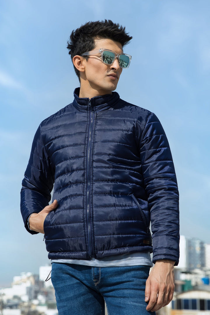 Blue Horizontal Quilt Puffer Jacket 