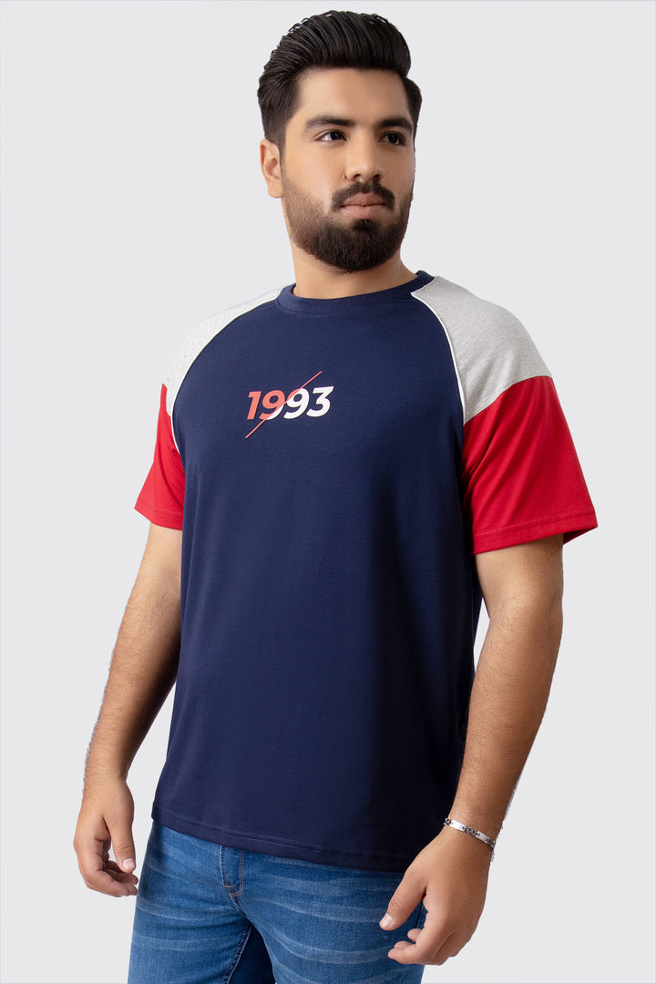 Dark Blue Paneled Raglan Graphic T-Shirt (Plus Size) - A23 - MT0281P
