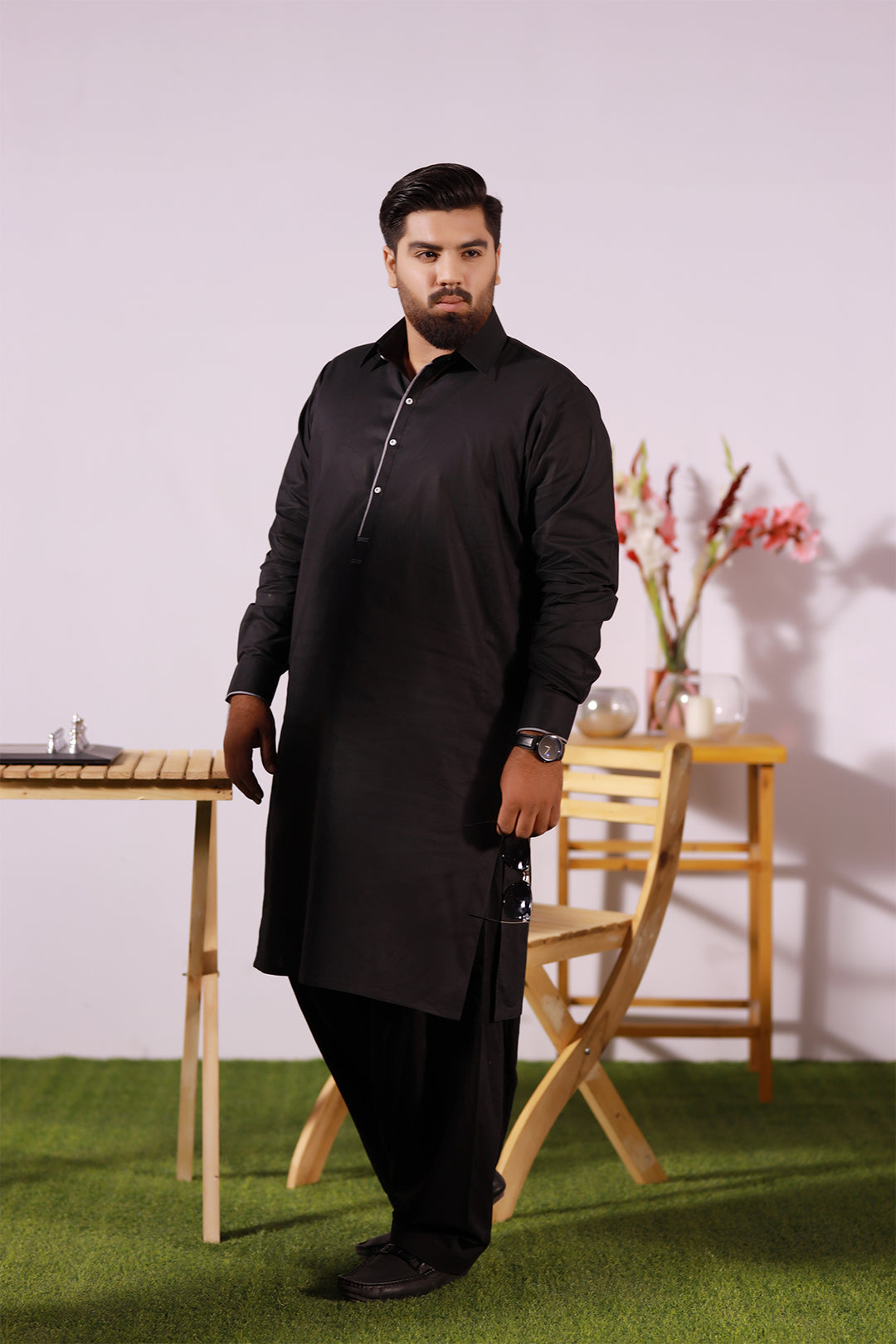 Black Cotton Kameez Shalwar (Plus Size) - P22 - MKS003P