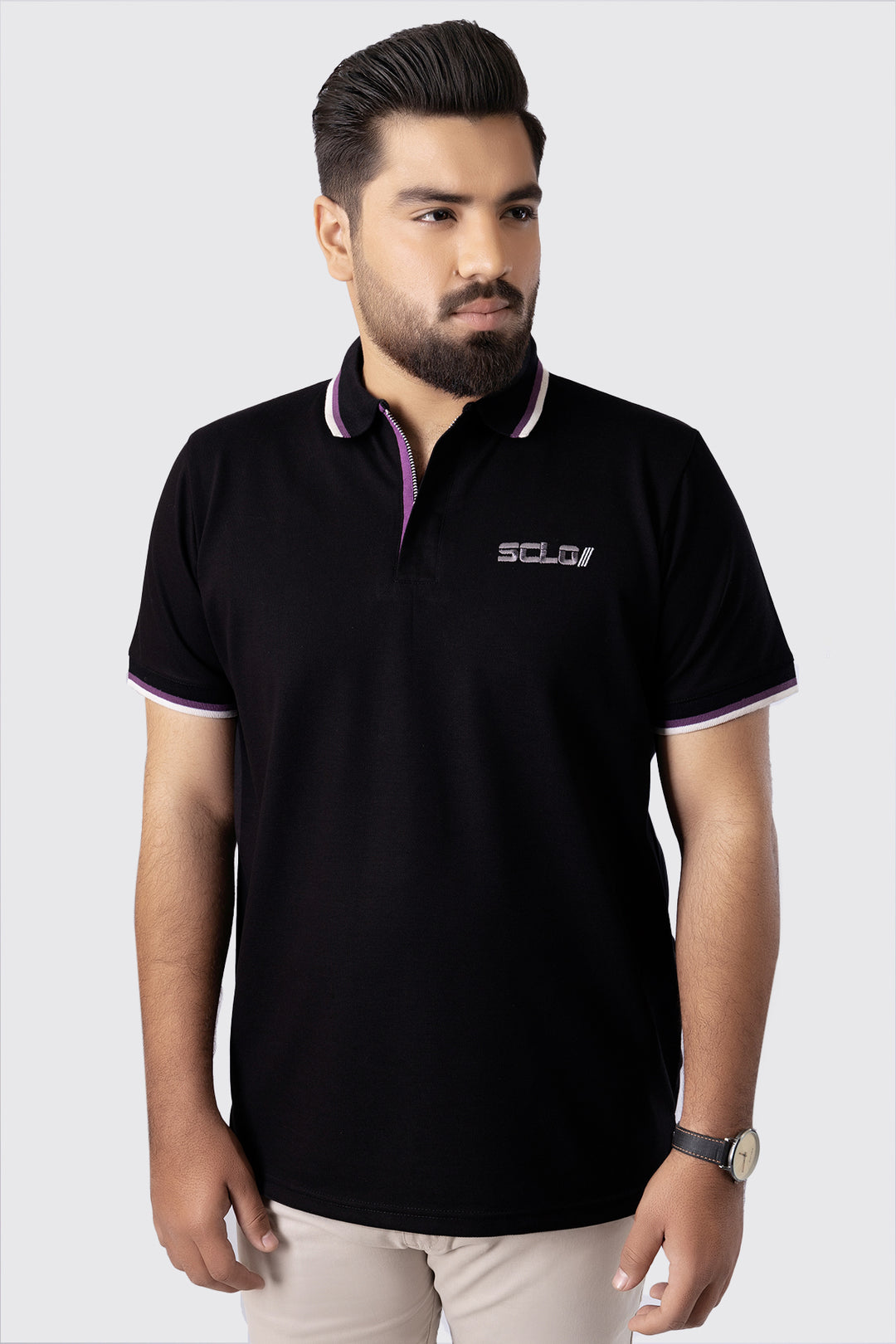 Black Zip-Up Neckline Polo Shirt