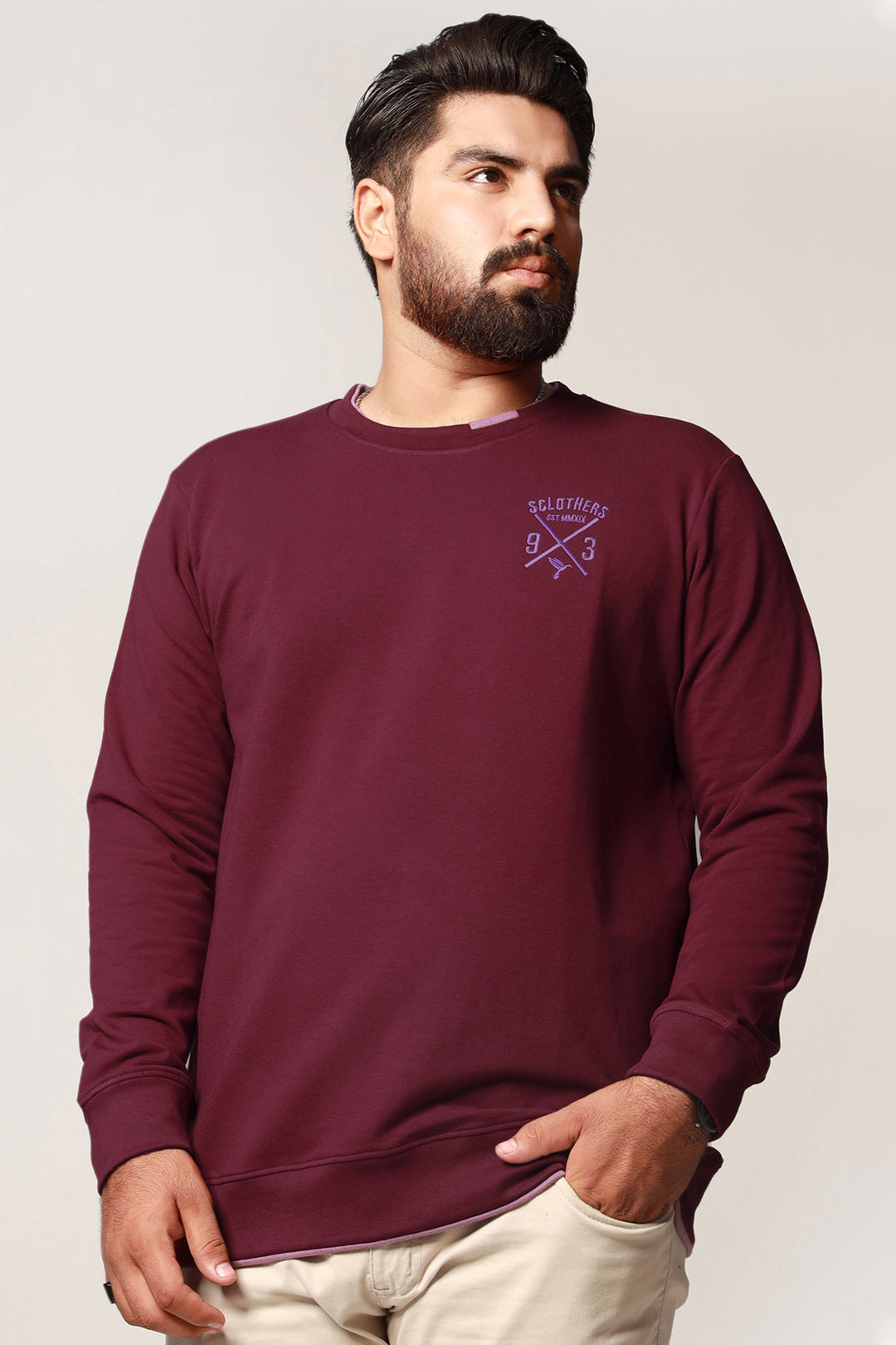 Maroon Contrast Rib Embroidered Sweatshirt Plus Size