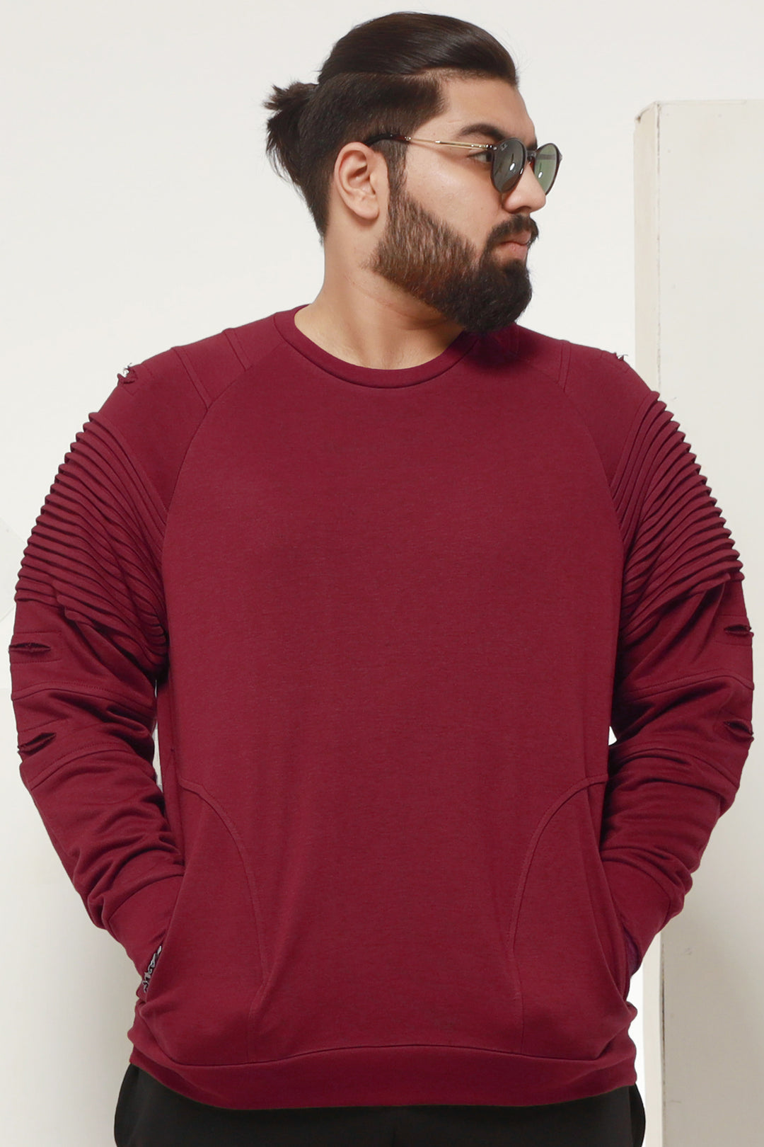 Maroon Pleated Raglan Sweatshirt Men Plus Size Sweatshirt in Pakistan 
