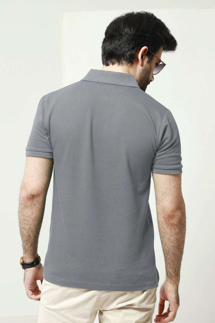 Grey Contrast Panelled Embroidered Polo Shirt - A23 - MP0209R
