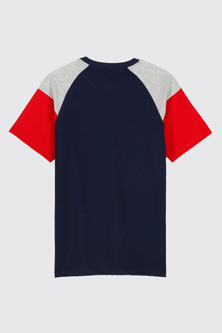 Dark Blue Paneled Raglan Graphic T-Shirt - A23 - MT0281R