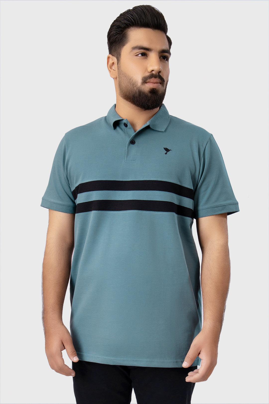 Stormy Blue Contrast Panelled Embroidered Polo Shirt (Plus Size) - A23 - MP0208P
