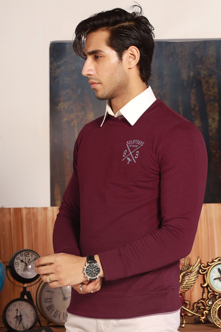 Maroon Contrast Rib Embroidered Sweatshirt