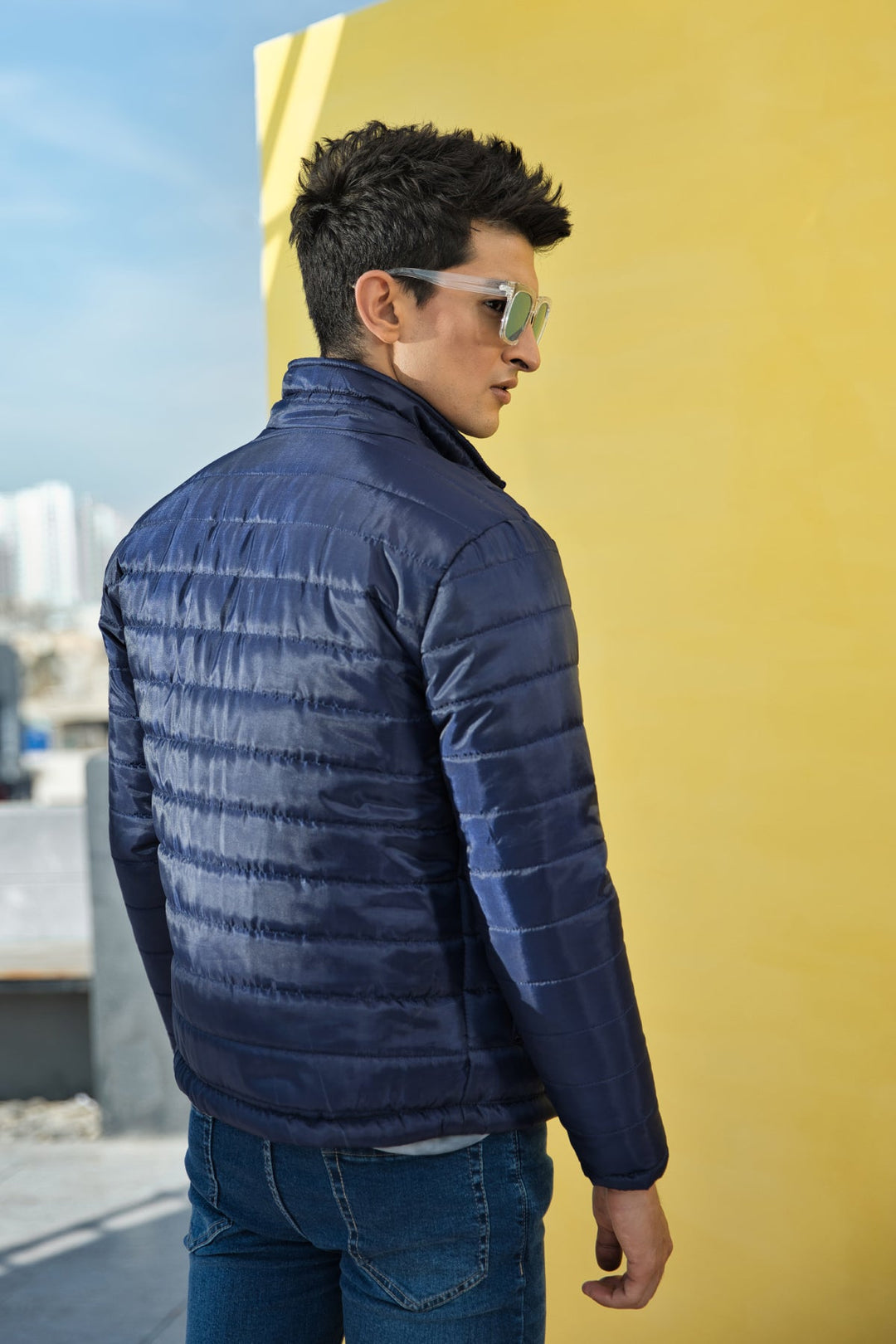 Blue Horizontal Quilt Puffer Jacket
