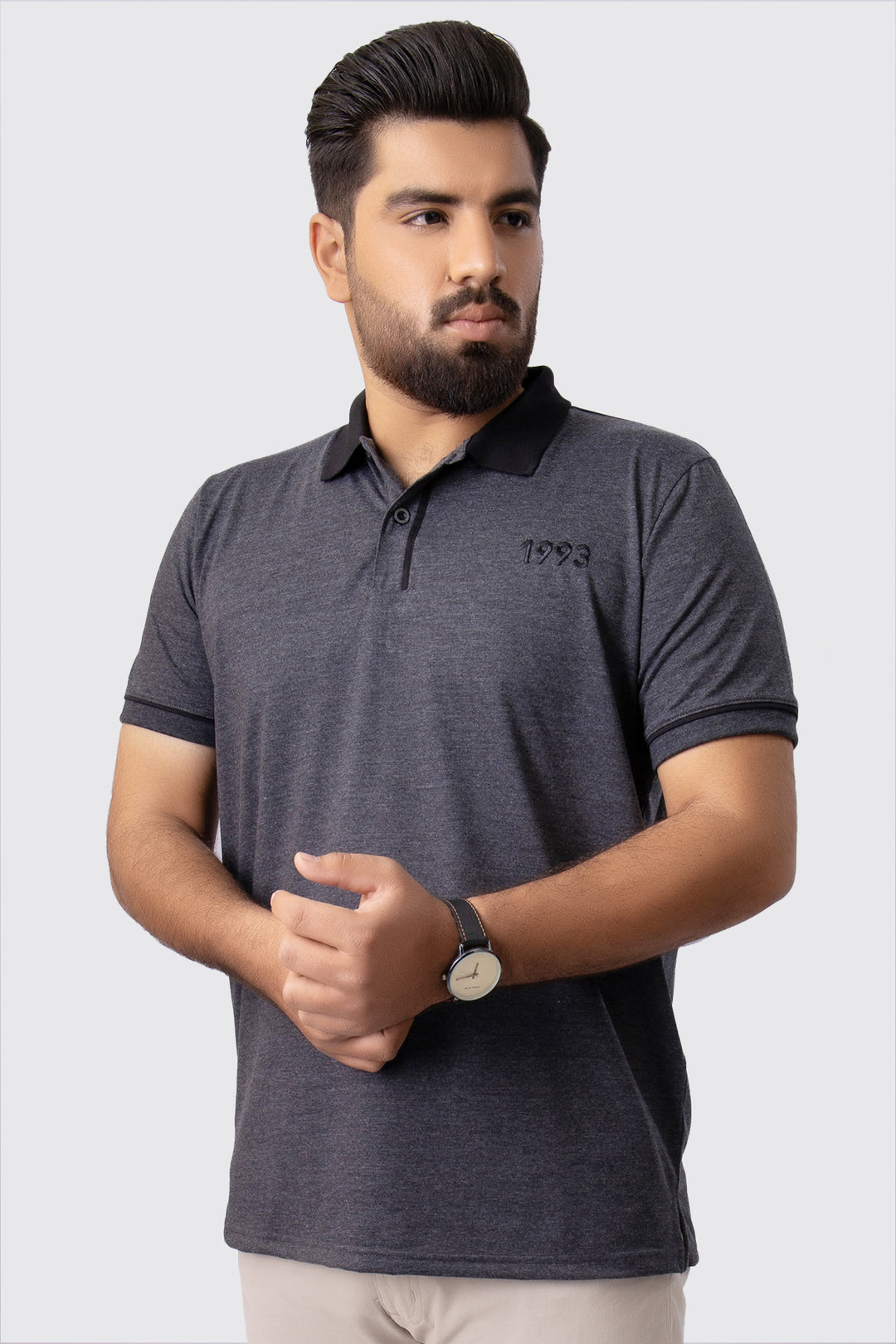 Charcoal Melange Contrast Embroidered Polo Shirt (Plus Size) - A23 - MP0210P