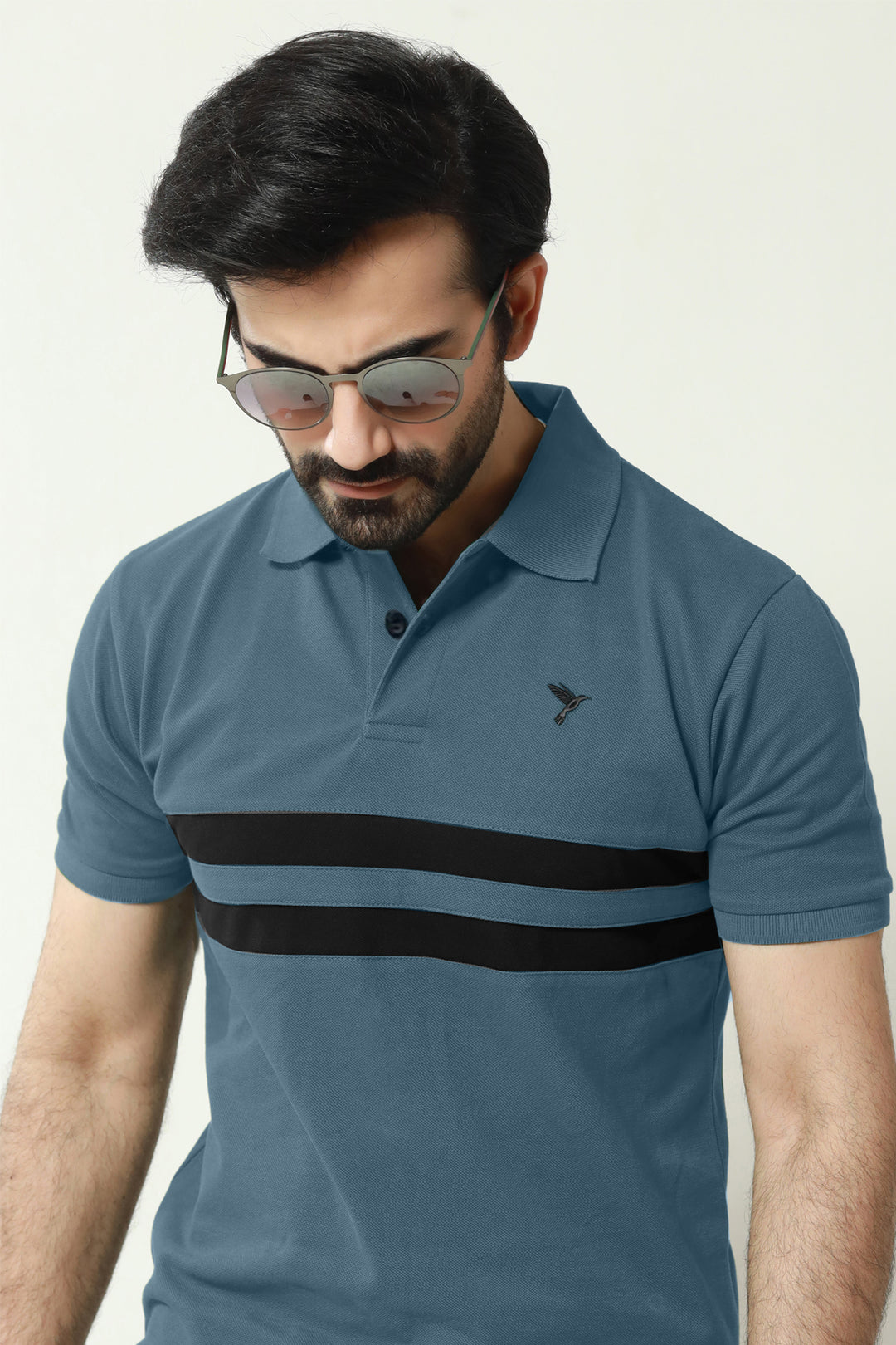 Stormy Blue Contrast Panelled Embroidered Polo Shirt - A23 - MP0208R