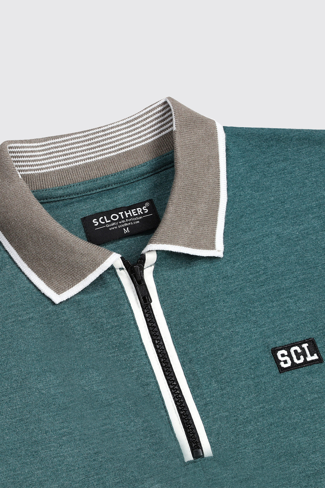 Teal Melange Contrast Zipper Embroidered Polo Shirt - A23 - MP0211R