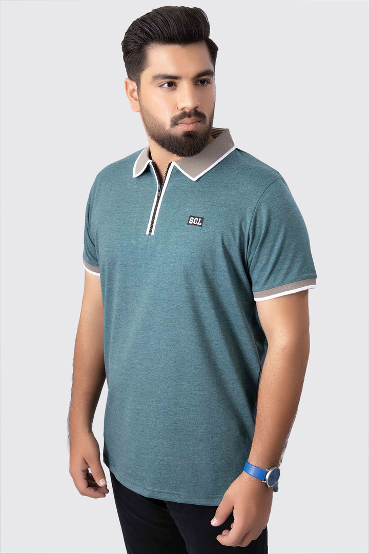 Teal Melange Contrast Zipper Embroidered Polo Shirt (Plus Size) - A23 - MP0211P