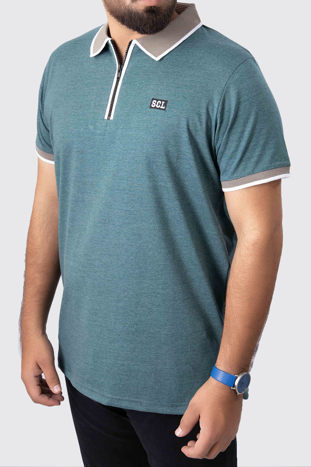 Teal Melange Contrast Zipper Embroidered Polo Shirt - A23 - MP0211R