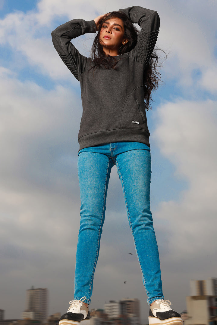 Women's Charcoal Pleated Raglan Sweatshirt Online in Pakistan