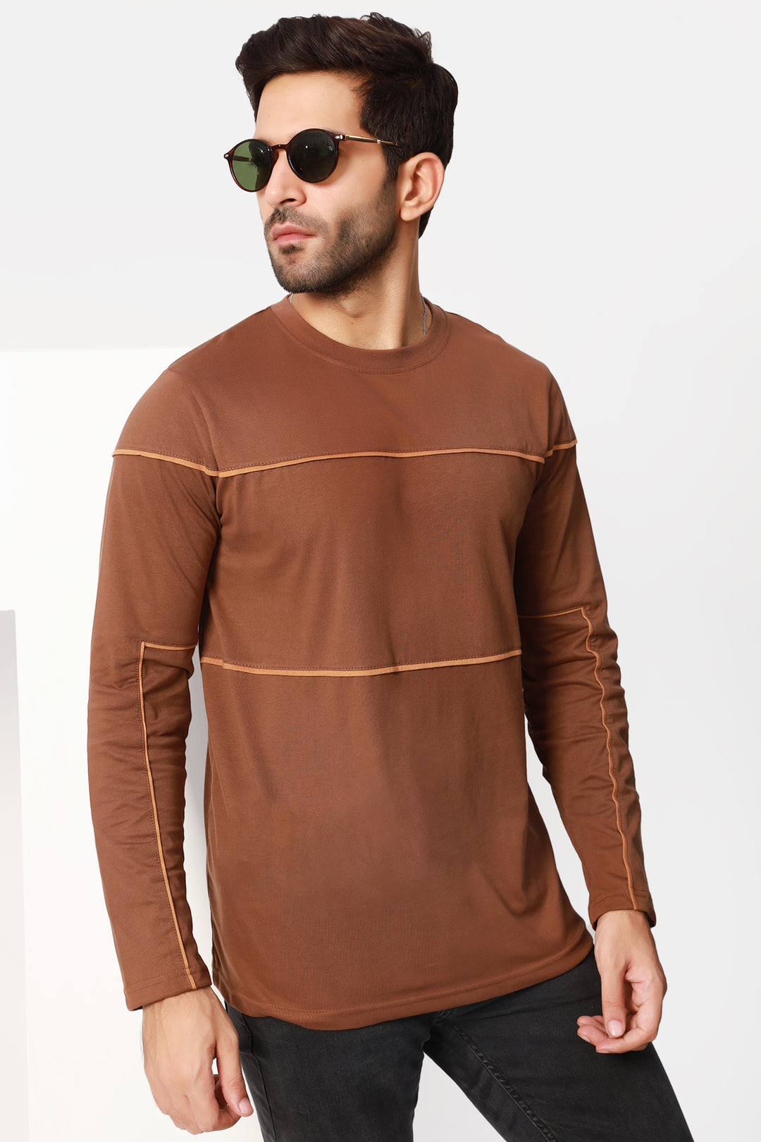 Brown Contrast Piping Panel T-Shirt