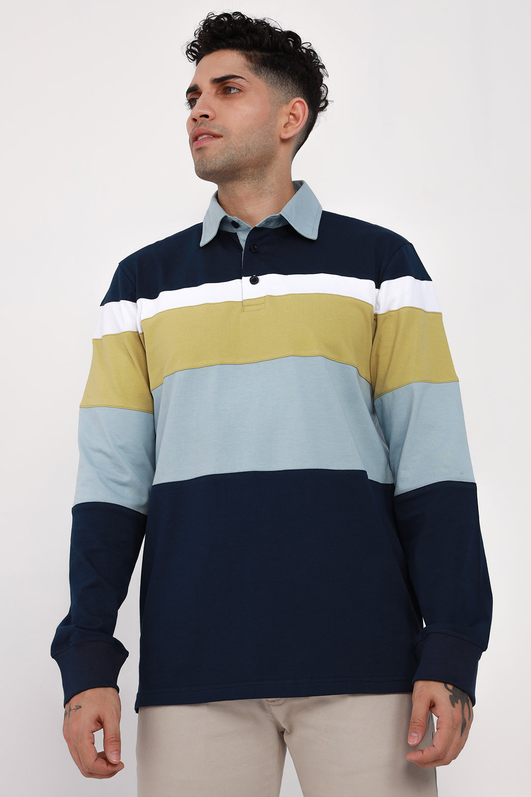 Blue & Olive Tri Color Rugby Polo Shirt
