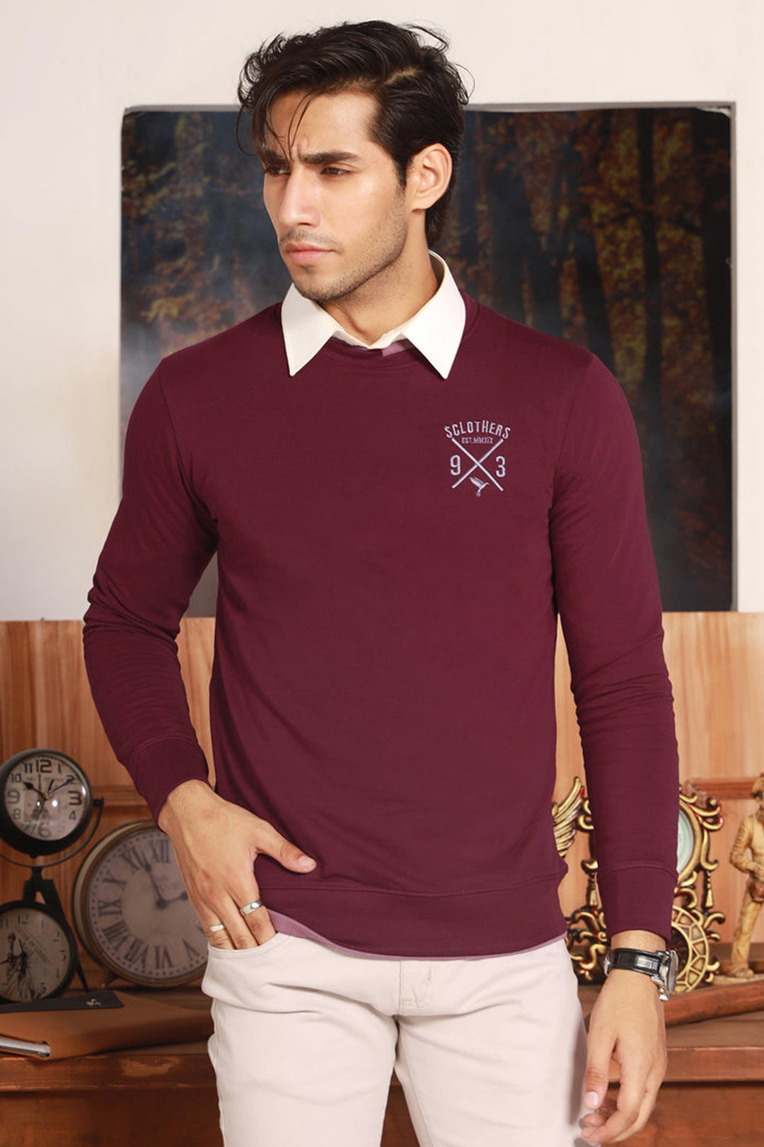 Maroon Contrast Rib Embroidered Sweatshirt