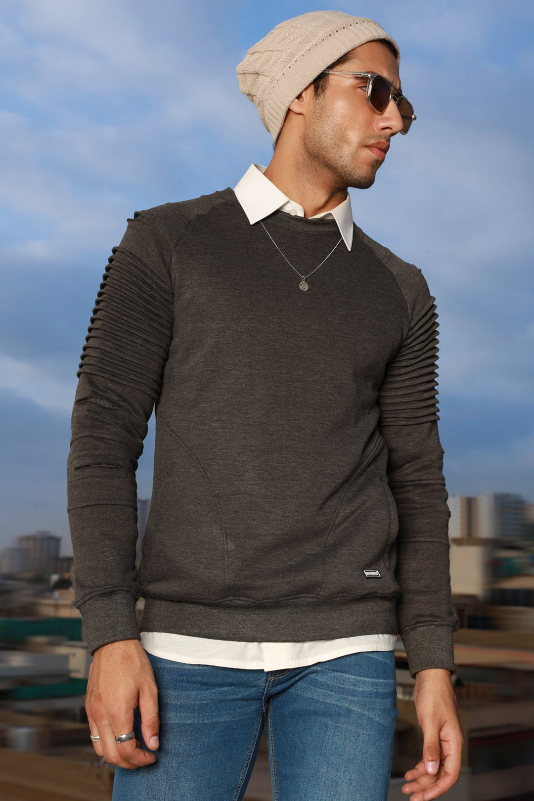 Charcoal Pleated Raglan Sweatshirt Mens Regular