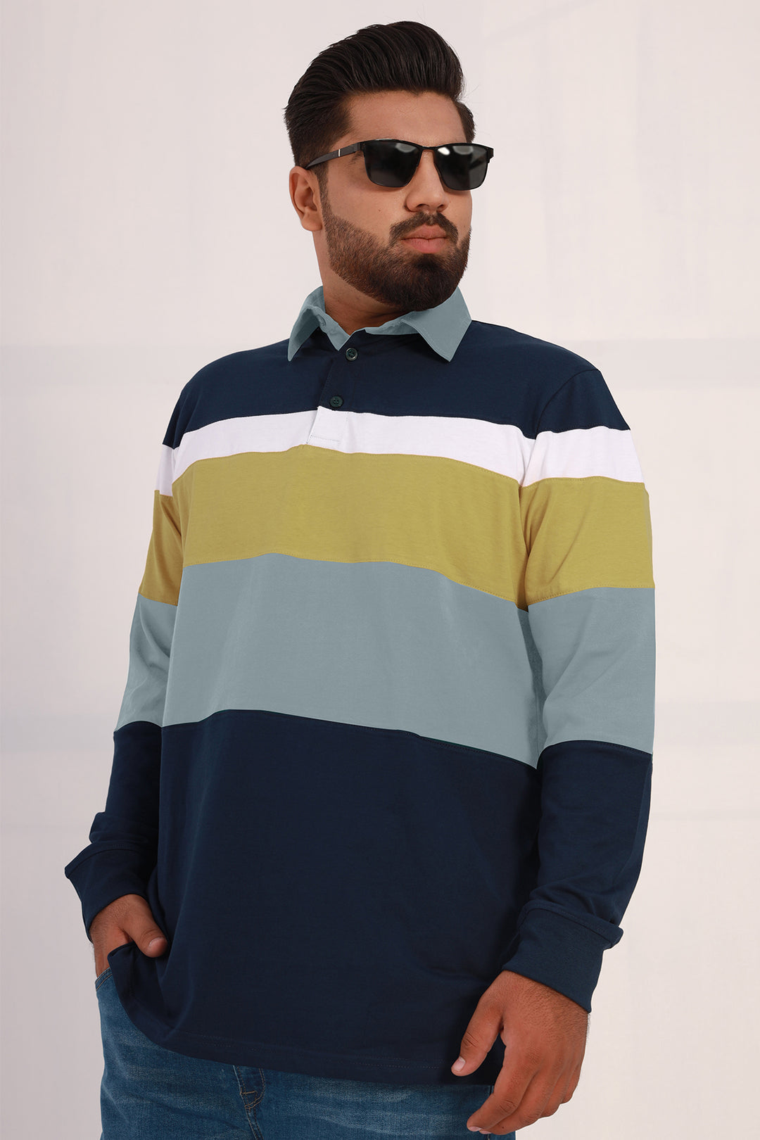 Blue & Olive Tri Color Rugby Polo Shirt (Plus Size)